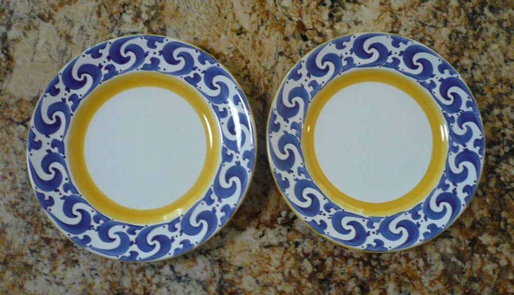 Herend Village Splash 2 Salad Plates 8 1/4" Blue Yellow Hungary